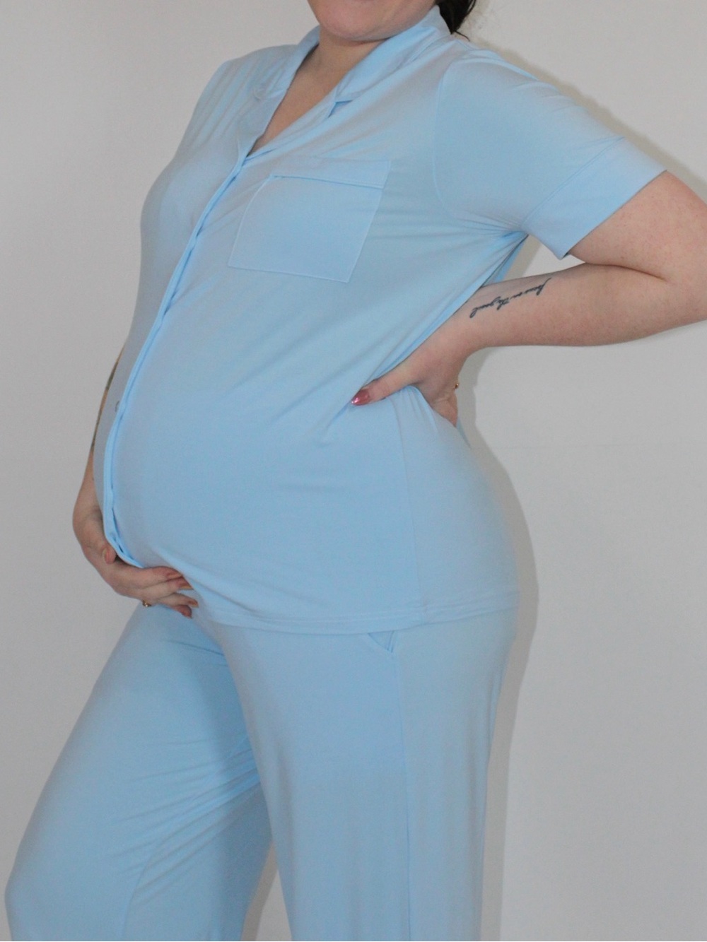 Light Blue Maternity & Postpartum Pajama Set with Short Sleeve Top